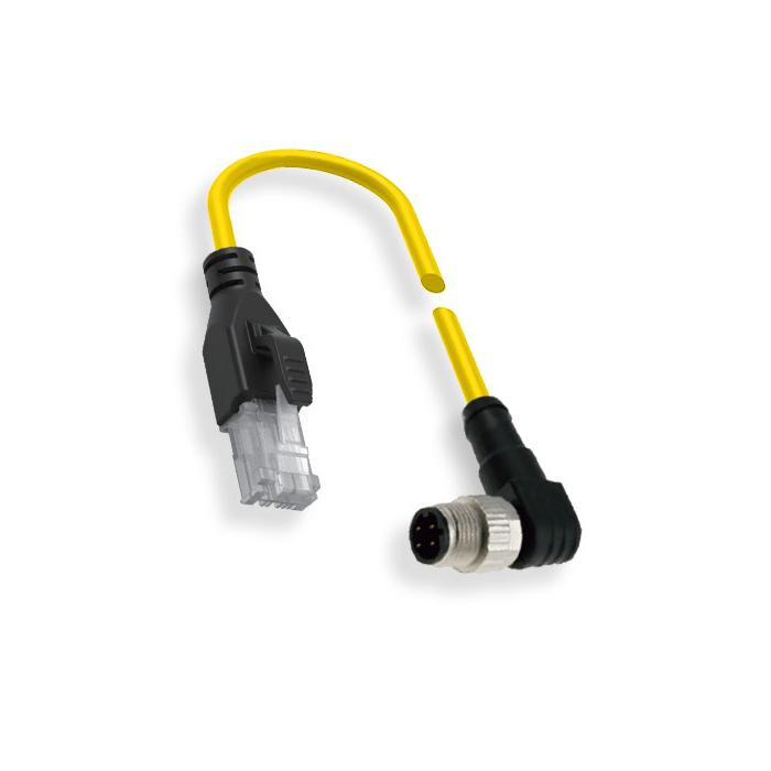 M12 4Pin D-coded male 90° turn RJ45 Male straight, double-ended precast PUR flexible cable, shielded, yellow sheath, 0C4592-XXX